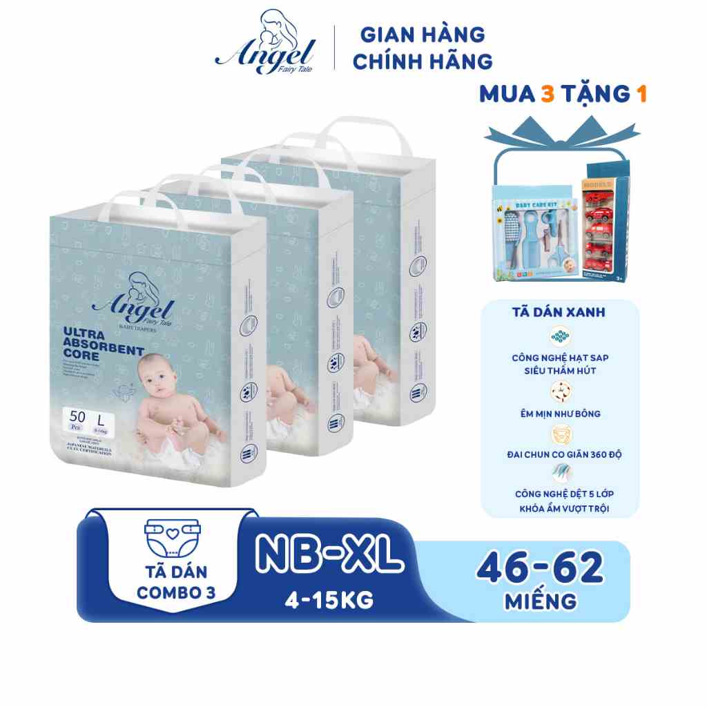 [Mã BMLTB35 giảm đến 35K đơn 99K] COMBO 3 Tã Dán ANGEL Ultra Absorbent Core Size NB62- S58-M54-L50-XL46