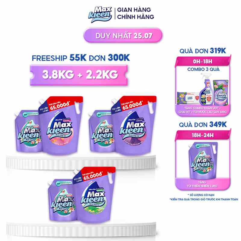 Combo Túi Nước Giặt Xả Maxkleen Thiên Nhiên 2.2kg + Túi Nước Giặt Xả 3.8kg