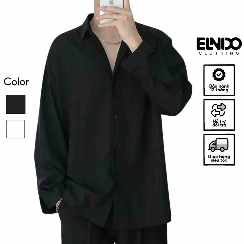 Áo sơ mi nam nữ dài tay Unisex Basic màu trắng và đen sơ mi lụa mịn mát form rộng suông ELNIDO-ED03