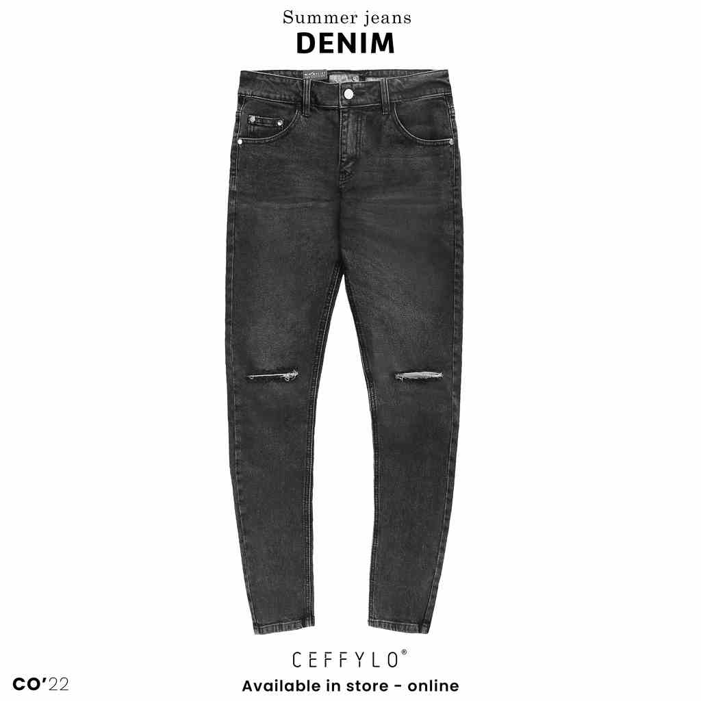 Quần Jeans rách gối Xám nam form slimfit CEFFYLO, chất Jean thun co giãn nhẹ