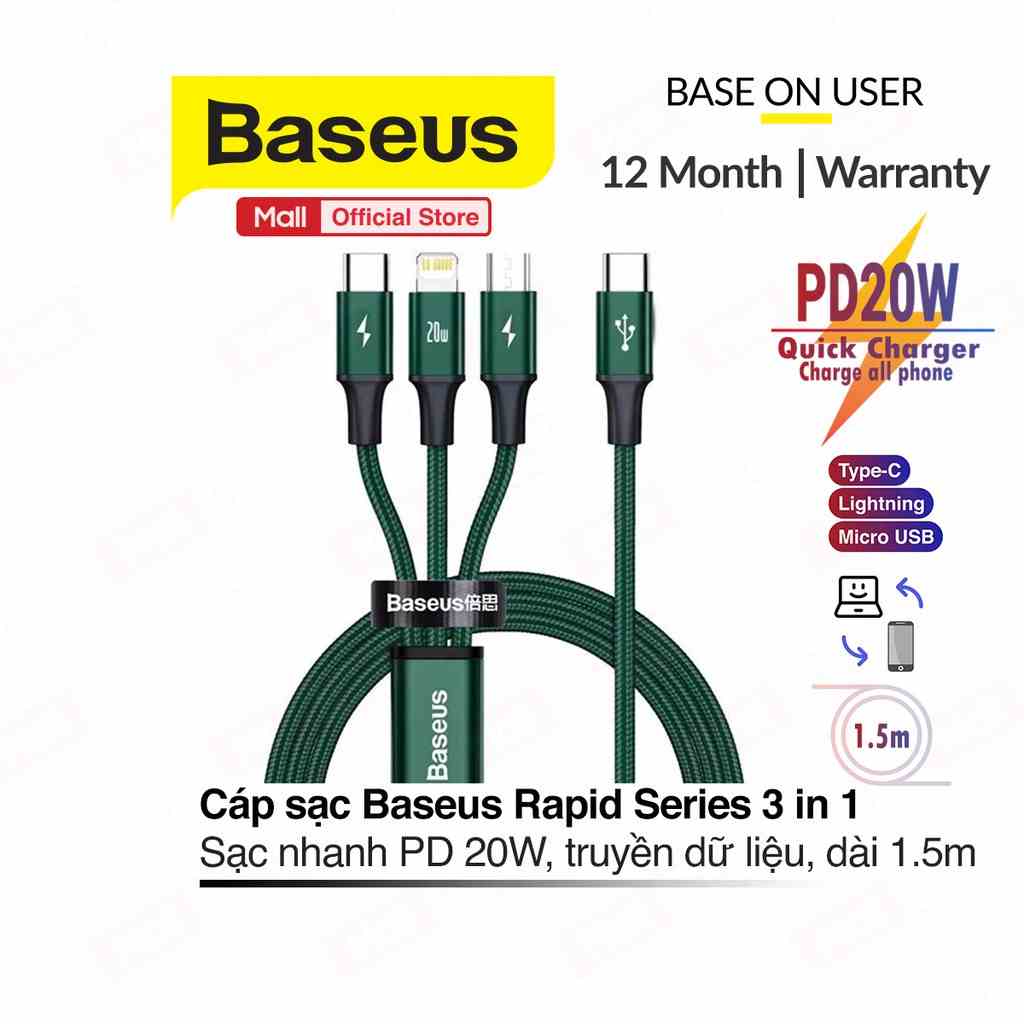 Cáp sạc Baseus Rapid Series 3in1 PD 20W ( Type-C to Type-C/ Lightning/ Micro USB ), Fast Charging & Data Cable, dài 1.5m