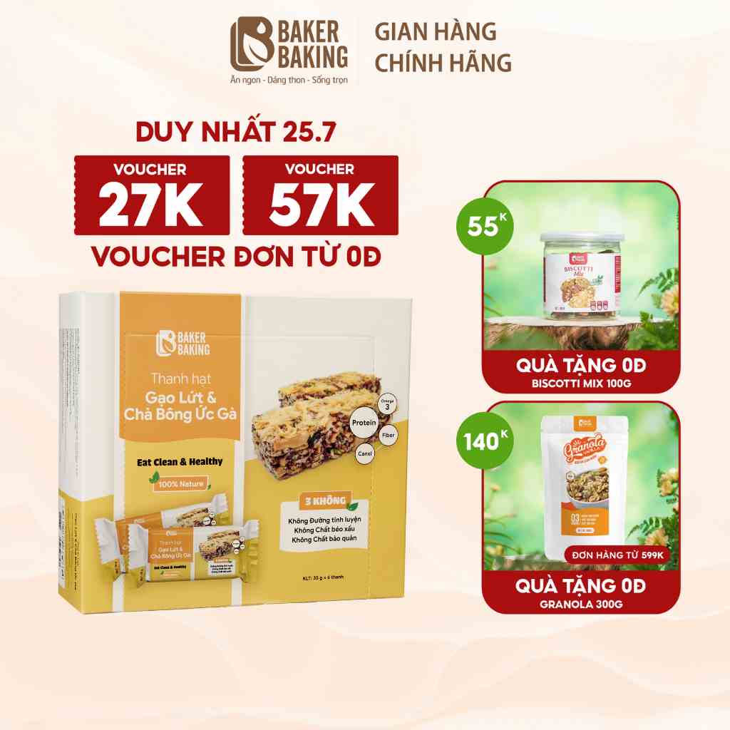 Thanh gạo lứt chà bông ức gà Baker Baking 70% hạt, 30% gạo lứt hỗ trợ người tập luyện, tăng cơ 6 thanh