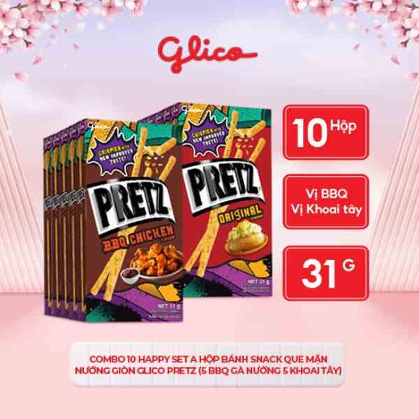 Combo 10 Happy Set A hộp Bánh snack que mặn nướng giòn Glico Pretz  (5 bbq gà nướng 5 khoai tây)