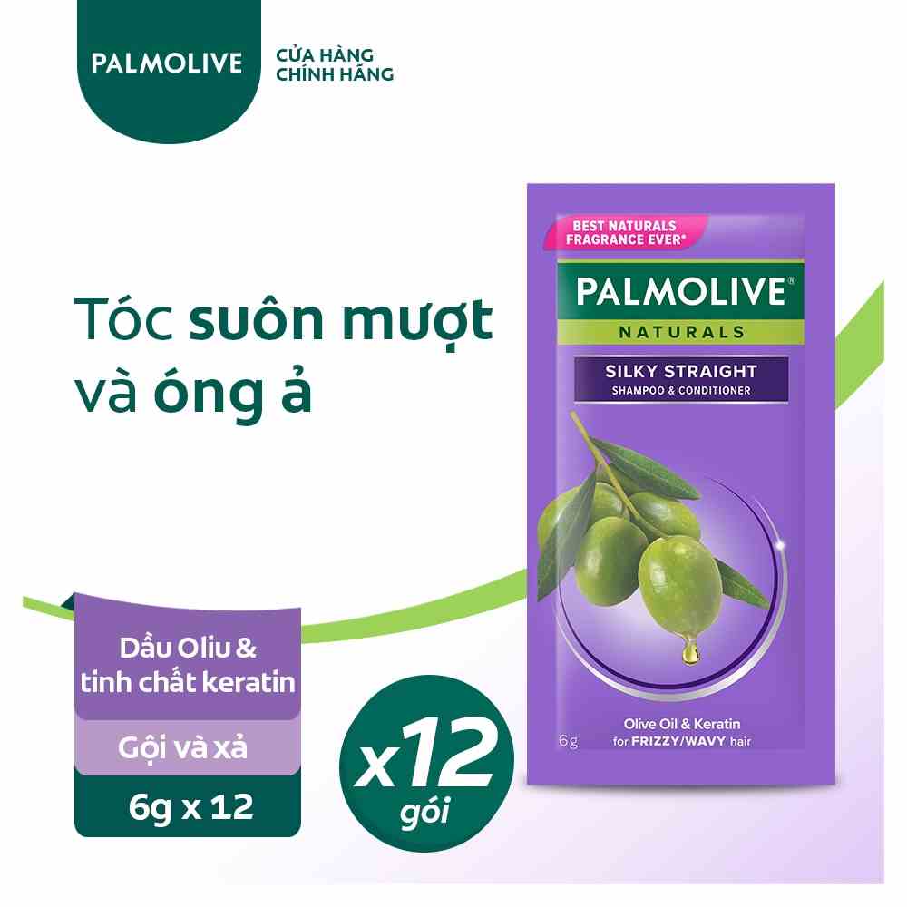 Bộ 12 gói Dầu gội Palmolive kèm dầu xả 2in1 Suôn Mượt Óng Ả từ Keratin và dầu Oliu 6g x 12