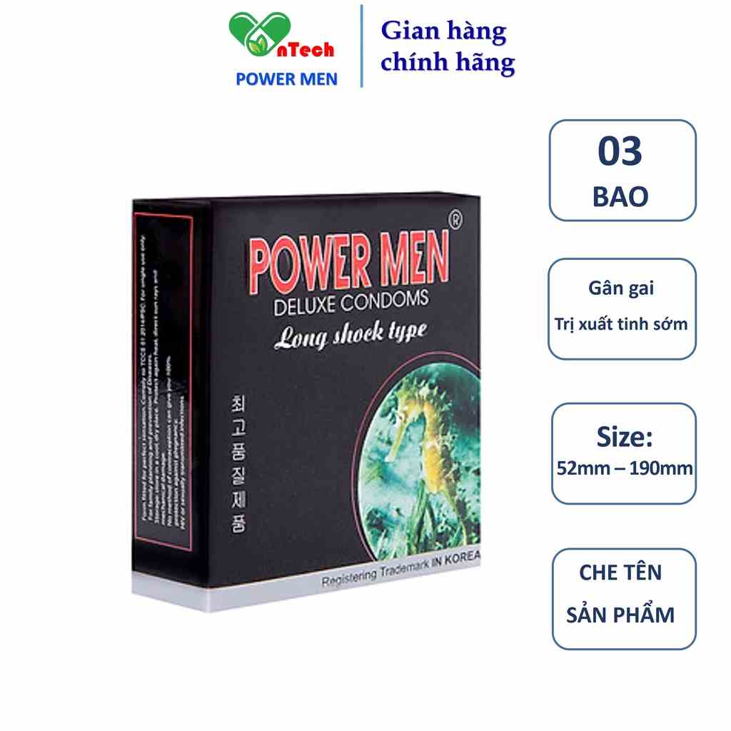 Bao cao su POWER MEN Long shock type siêu mỏng 489 gân gai nổi chứa 5% Benzocain kéo dài thời gian hộp 03 chiếc