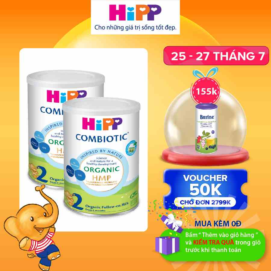 Combo 2 lon Sữa bột công thức HiPP 2 Organic Combiotic 350g bổ sung DHA trực tiếp (2 lon x 350g)