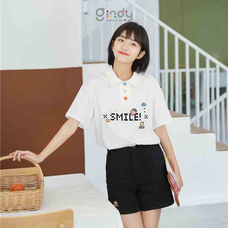 Áo thun polo nữ tay lỡ form rộng GINDY phông có cổ vải cotton thoáng mát phong cách Hàn Quốc unisex A8108