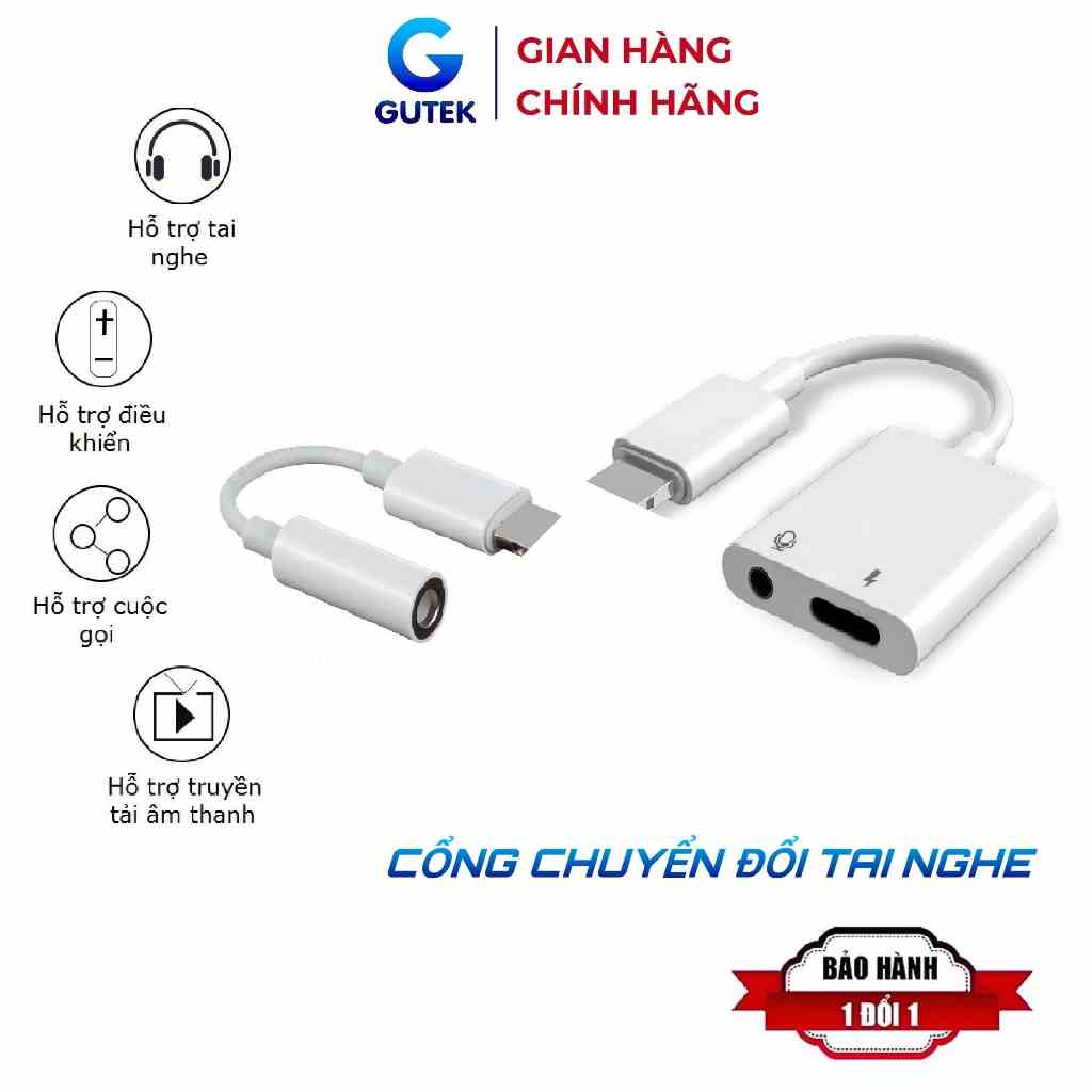 Dây cáp chuyển đổi tai nghe cổng giắc 3.5mm sang chân cắm Iight kèm cổng sạc an toàn-Gutek A3