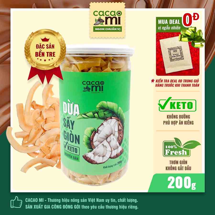 Dừa Sấy Giòn Keto vị nguyên bản CACAOMI ăn vặt giảm cân chuẩn Eat Clean, DAS, Low Carb 200g