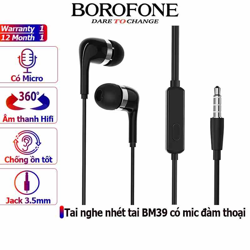 Tai nghe nhét tai BOROFONE BM39 chống ồn, nghe hay có mic đàm thoại, dây dài 1.2m - Chính hãng