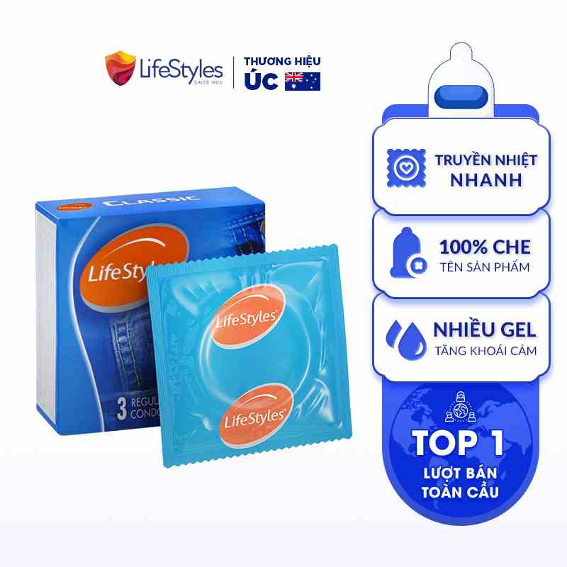 Bao Cao Su Ôm Sát Nhiều Gel Bôi Trơn LifeStyles Classic Thiết Kế Mỏng Chuẩn Size, 100% Không Rách Bao - Hộp 3 bao