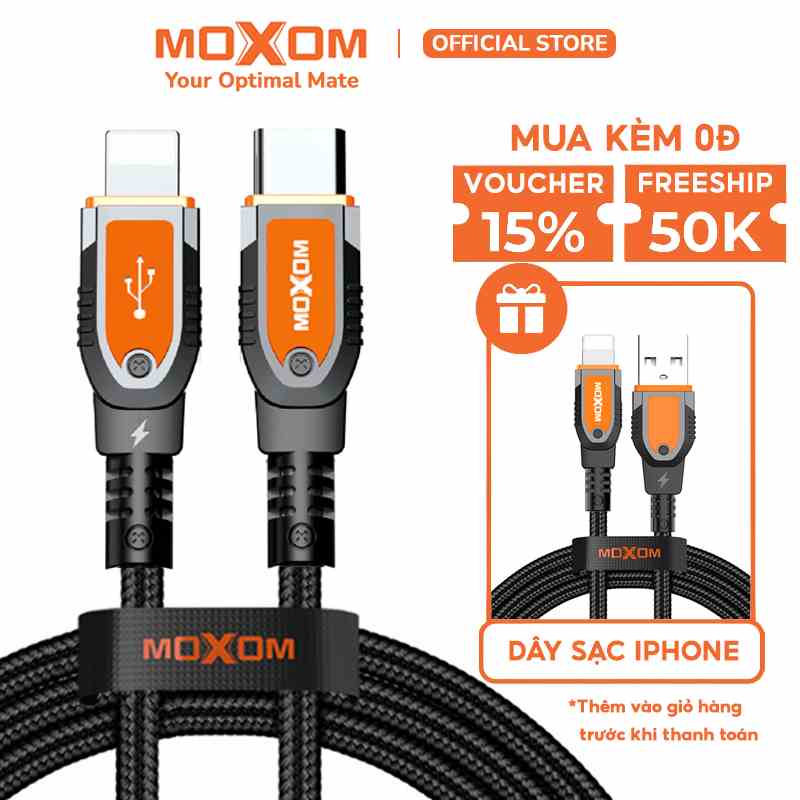 [MUA 1 TẶNG 1] Dây sạc nhanh 20W MOXOM CB89 OrangePlus PD 3.0 cổng Type-C to L dùng cho 14 13 12 11 xsmax, dài 1m