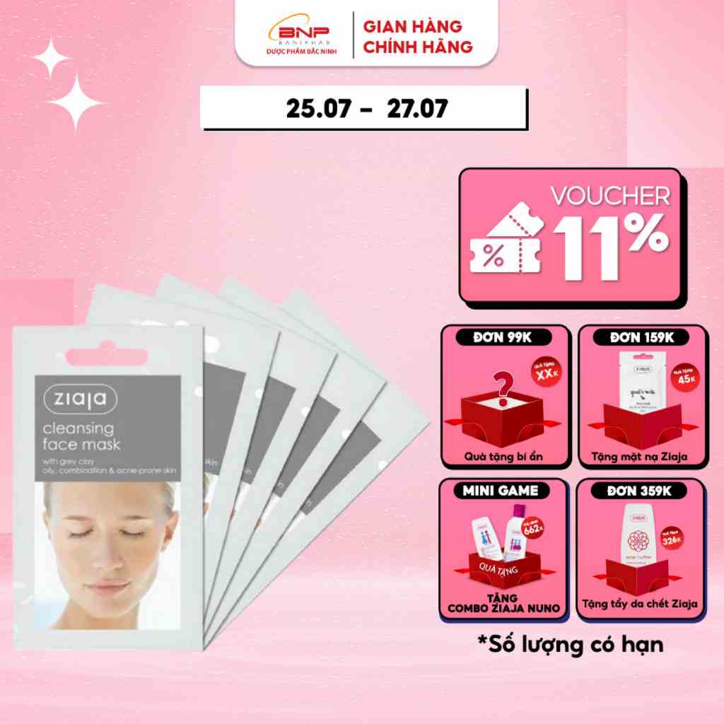 Mặt nạ dưỡng trắng da, chống lão hóa Ziaja Cleansing Face Mask with Grey Clay dạng bùn ghi 7ml