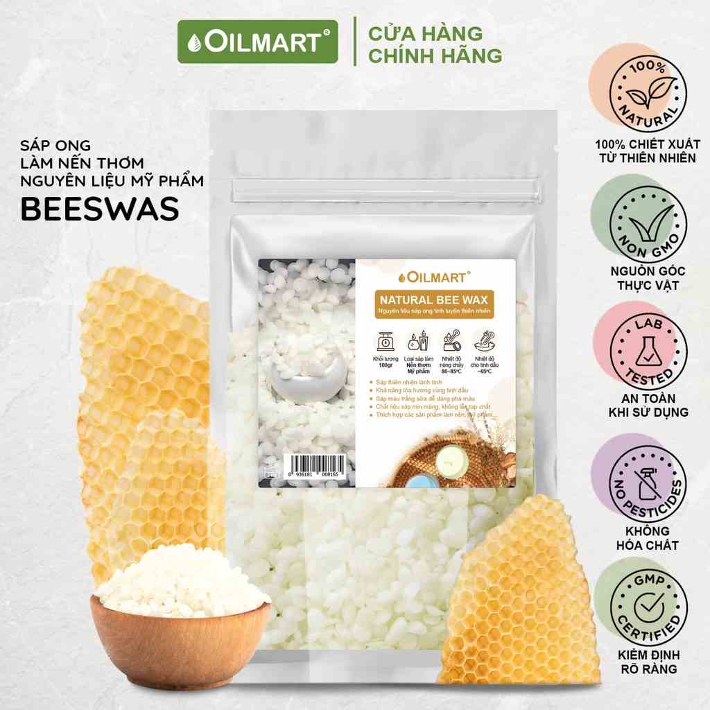 Sáp Ong Tự Nhiên Oilmart Natural Beeswax dạng viên, màu trắng ngà làm nến, son, kem dưỡng.