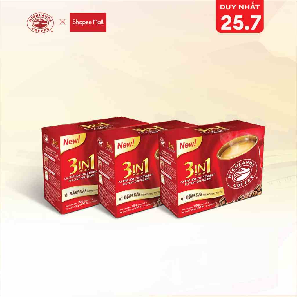 Combo 3 hộp Cà phê Highlands coffee 3in1 hòa tan (10 gói/hộp x 17g/gói)