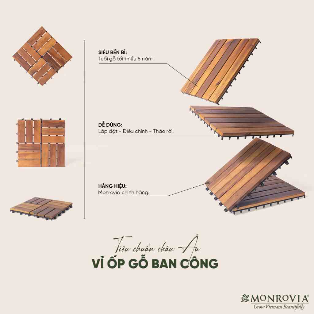 Combo 9 Vỉ gỗ lót sàn MONROVIA cho ban công, ngoài trời, sân vườn, siêu bền, chịu nước, chất lượng tiêu chuẩn Châu Âu