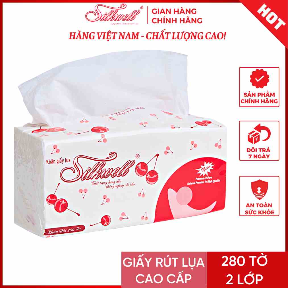 Khăn giấy ăn rút lụa cao cấp Silkwell 280 tờ 2 lớp Cherry đỏ mềm mịn