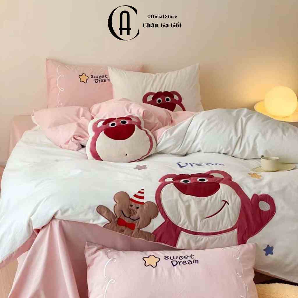 Bộ Chăn Ga Gối 100% Cotton Hoạt Tính Đủ Kích Thước Giường Hình Gấu Dâu , Drap Mền CA Bedding Decor