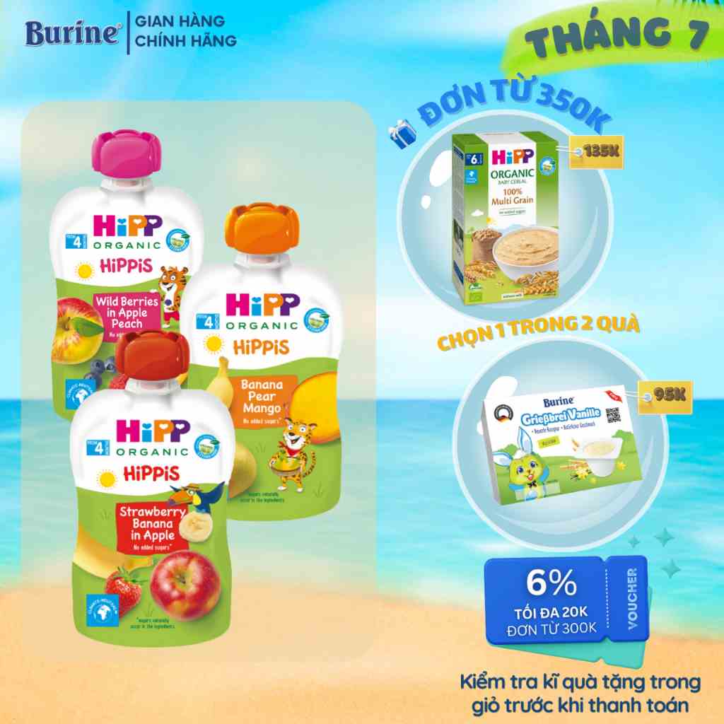 Dinh dưỡng ăn dặm 100% trái cây nghiền Organic HiPPiS (Burine) 100g bổ sung Vitamin - Nhập khẩu châu Âu