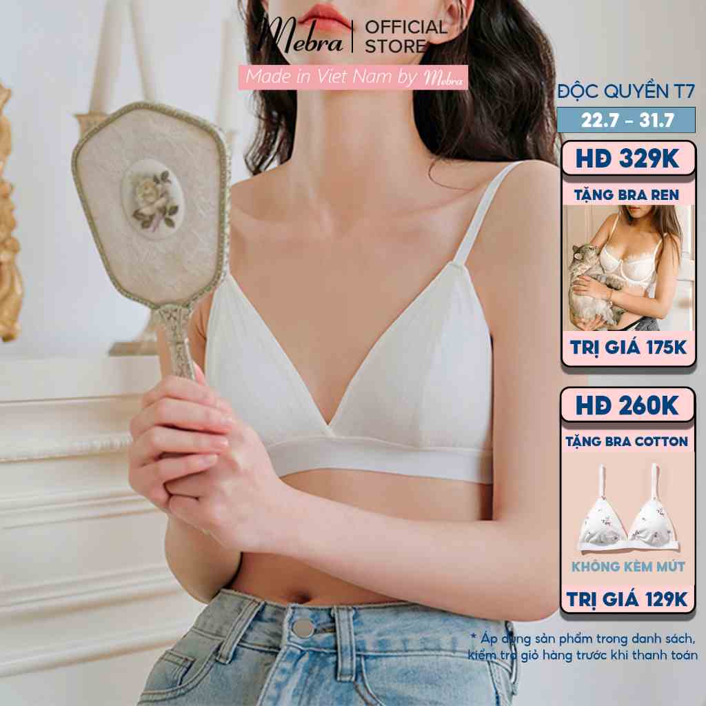 Áo lót ngực bra cotton trắng không gọng không đệm tặng kèm mút thoáng khí thấm hút co giãn 4 chiều cao cấp Mebra A027AA