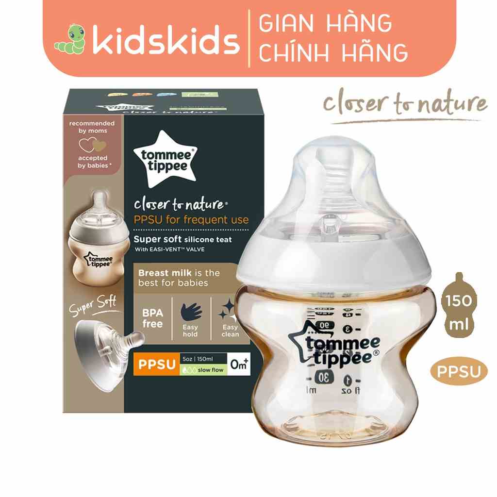 Bình sữa PPSU ty siêu mềm tự nhiên Tommee Tippee Closer to Nature 150ml, núm ty đi kèm 0-3 tháng