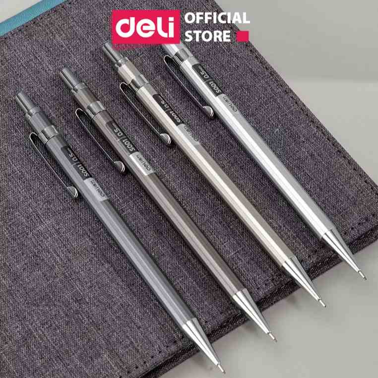 Bút chì kim học sinh Deli kèm đầu tẩy - Ngòi 0.5/0.7mm - Vỏ kim loại không hao mòn chống gỉ- bảo vệ ngòi chì khi sử dụng