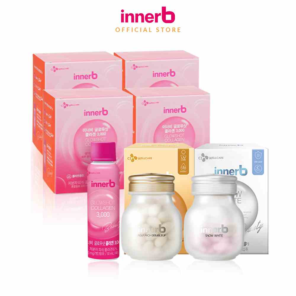 Combo thực phẩm bảo vệ sức khỏe InnerB Aqua Rich Doubleup + Innerb Snow White & 4 hộp 6 chai nước uống InnerB Glowshot