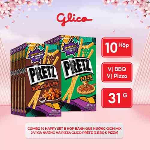 Combo 10 Happy Set B hộp Bánh que nướng giòn mix 2 vị gà nướng và pizza GLICO Pretz (5 Gà nướng 5 pizza)