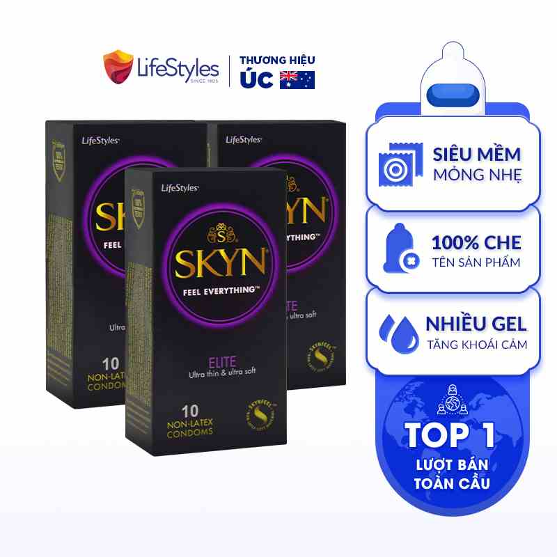 Combo 3 Bao Cao Su Non-latex Siêu Mềm Siêu Mỏng LifeStyles SKYN ELITE Không Mùi Cao Su, Không Gây Dị Ứng - Hộp 10 bao