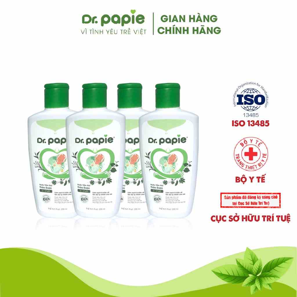 Combo 4 Chai Nước Tắm Thảo Dược Dr Papie Giúp Giảm Mẩn Ngứa Và Rôm Sảy, Hỗ Trợ Làm Sạch, Mát Da Bé - Chai 230ml