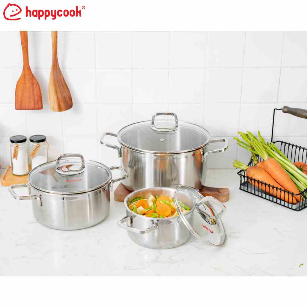 [Mã BMLTB200 giảm đến 100K đơn 499K] Bộ nồi Inox cao cấp 3 lớp đáy liền Happy Cook Tres+ HCS-TRP6PC