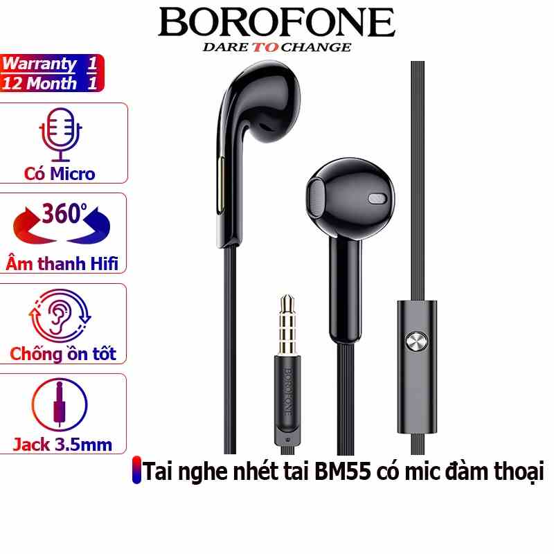 Tai nghe nhét tai BOROFONE BM55 chống ồn, nghe hay có mic đàm thoại, dây dài 1.2m - Chính hãng