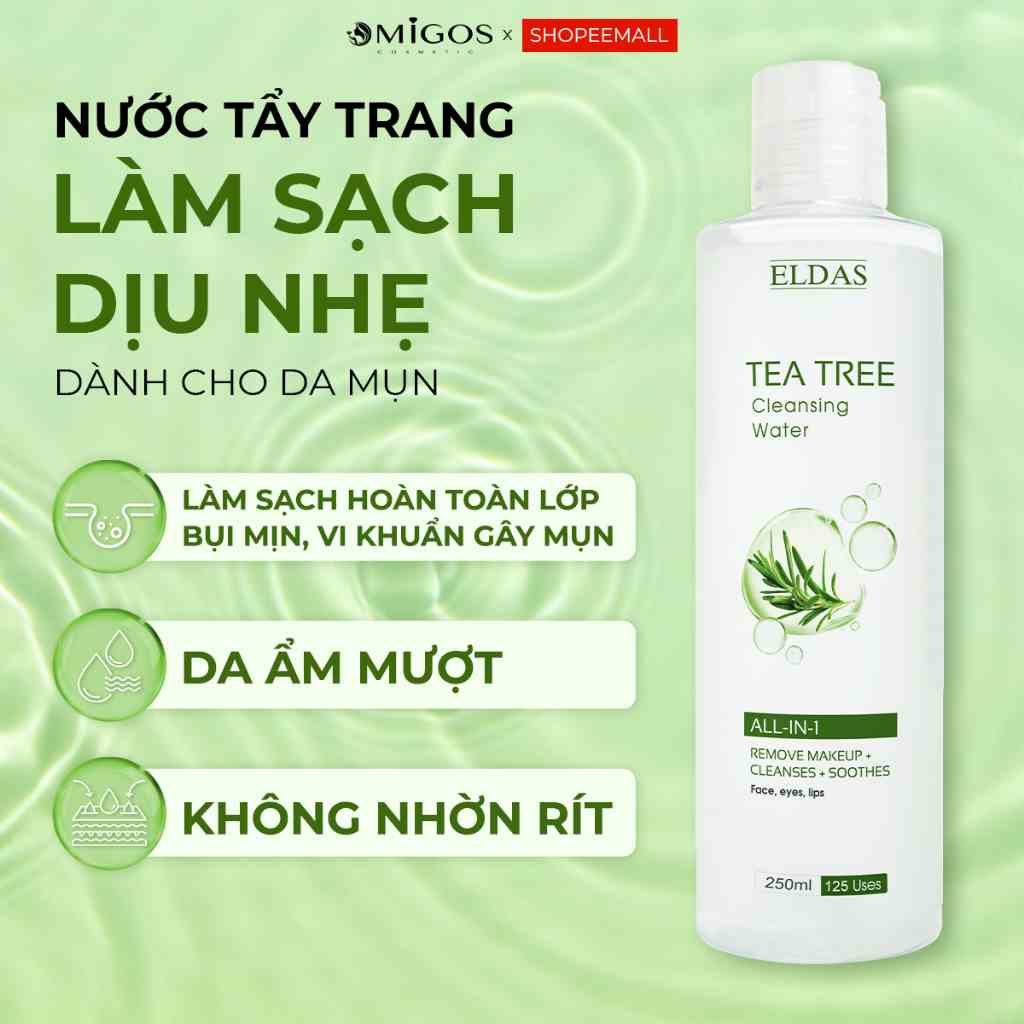 Nước Tẩy Trang Eldas Dành Cho Da Dầu Mụn, Tinh Chất Tràm Trà Lành Tính Làm Sạch Sâu Không Cồn Thẩm Thấu Nhanh 250ml/chai