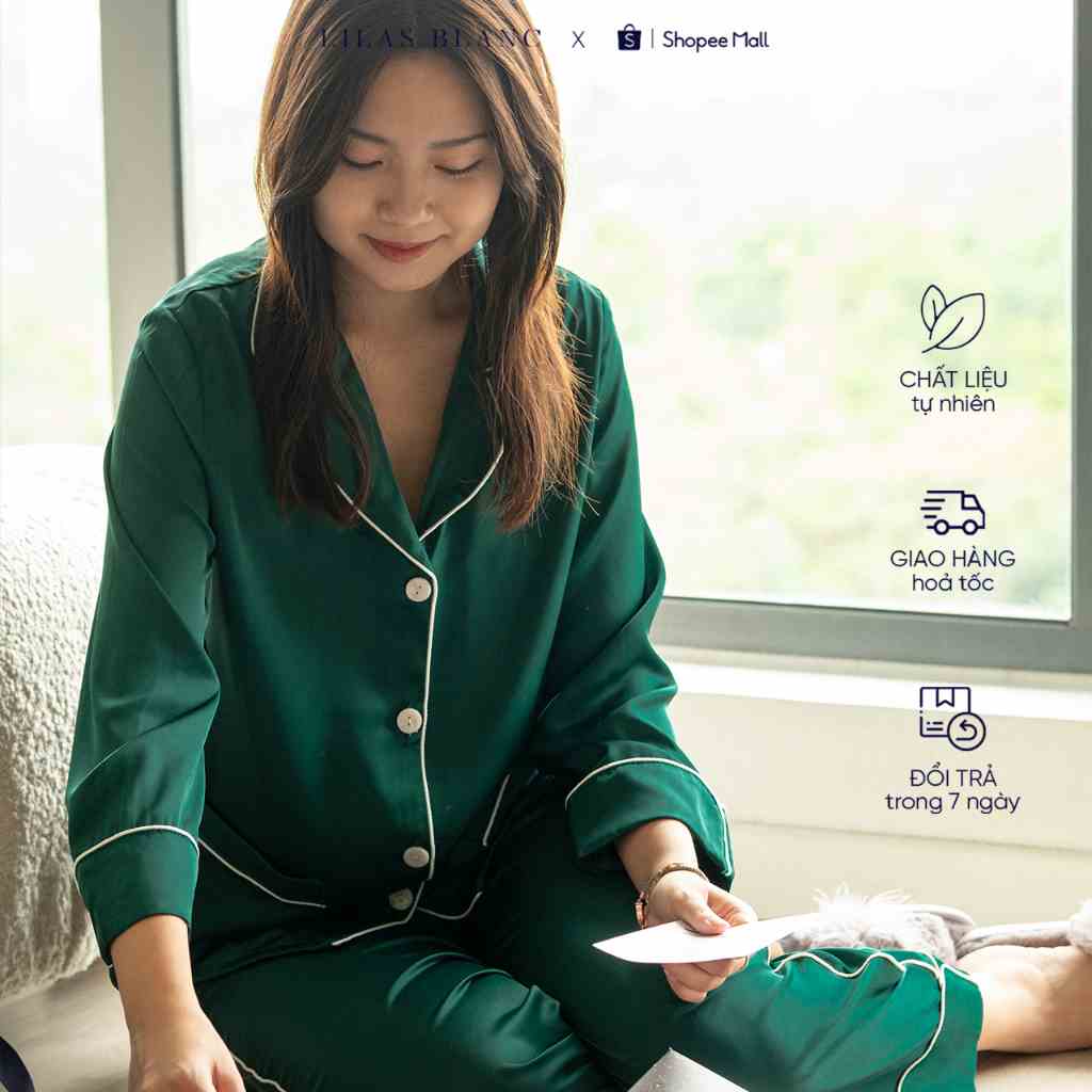 Bộ Pyjamas Nữ Mặc Nhà Áo Dài Quần Dài Chất Liệu Lụa Trơn Màu Xanh Martini Green LILAS BLANC