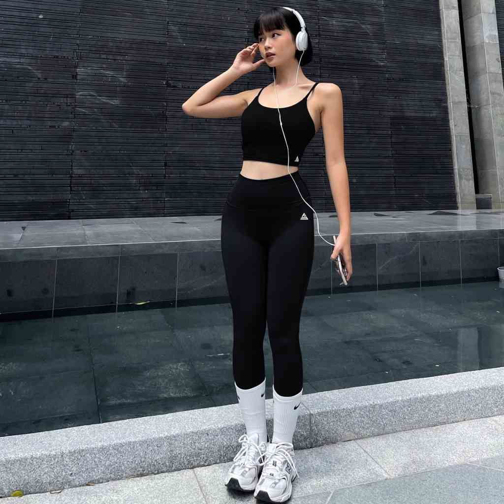 Set quần áo thể thao nữ Fitme áo bra tập gym Lota Đen, quần legging dài Đen cạp cao hỗ trợ tập yoga tốt