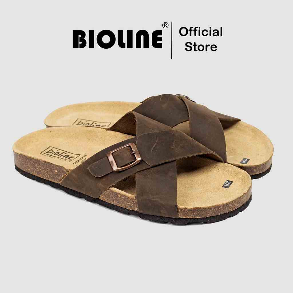 ( Mẫu Da Thật ) D17 - Dép Birken Đế Trấu BIOLINE Official Thiết Kế Unisex Quai Da Bò Chữ X Khóa Cài