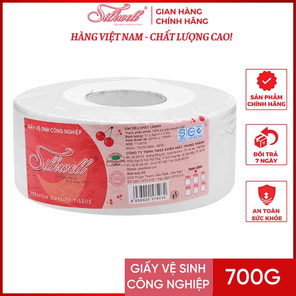 Giấy vệ sinh cuộn lớn công nghiệp Silkwell 700g 2 lớp mềm mịn chính hãng