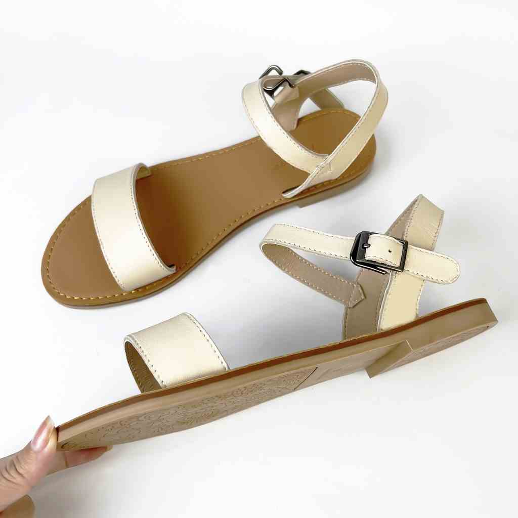 Giày Sandal đi học Nữ Thời Trang biển Quai Ngang hậu Da Thật Cao Cấp Hishoo có bigsize S018