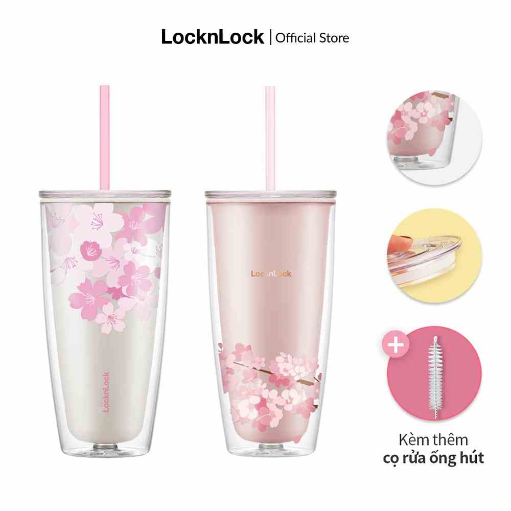 Ly nhựa 2 lớp Cherry Blossom kèm ống hút Lock&Lock 750ML - HAP509 (màu trắng và hồng)