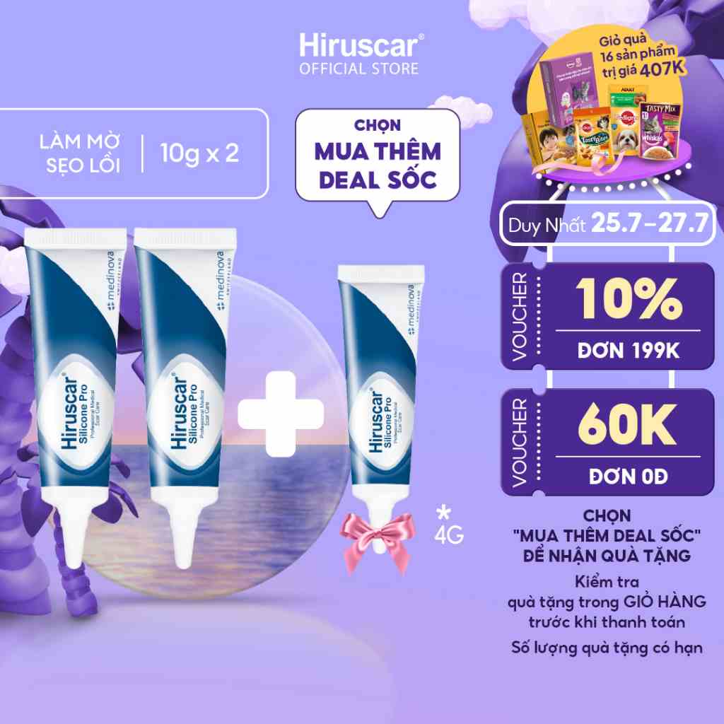 Bộ 2 gel xử lý sẹo mổ, to, lồi & phì đại Hiruscar Silicone Pro 10g