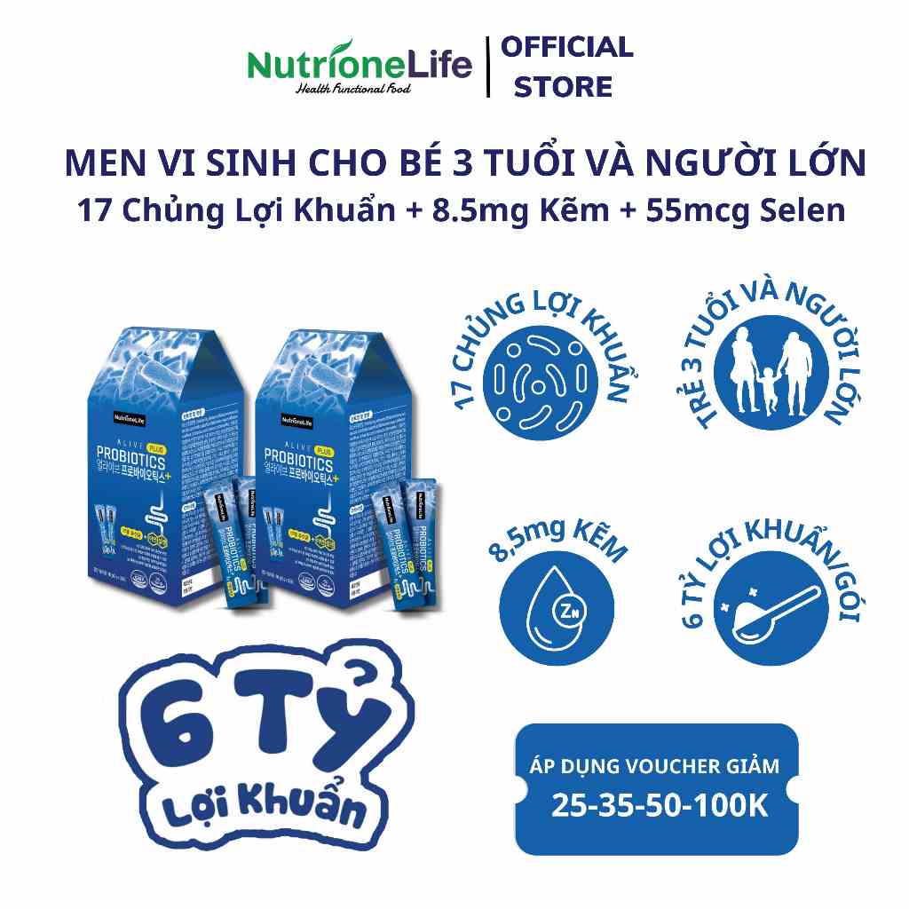 COMBO 2 Hộp Men Vi Sinh Alive Probiotics Plus 17 Chủng,Kẽm,Selen Cải Thiện Tiêu Chảy, Táo Bón, Rối Loạn Tiêu Hóa 2g/Gói