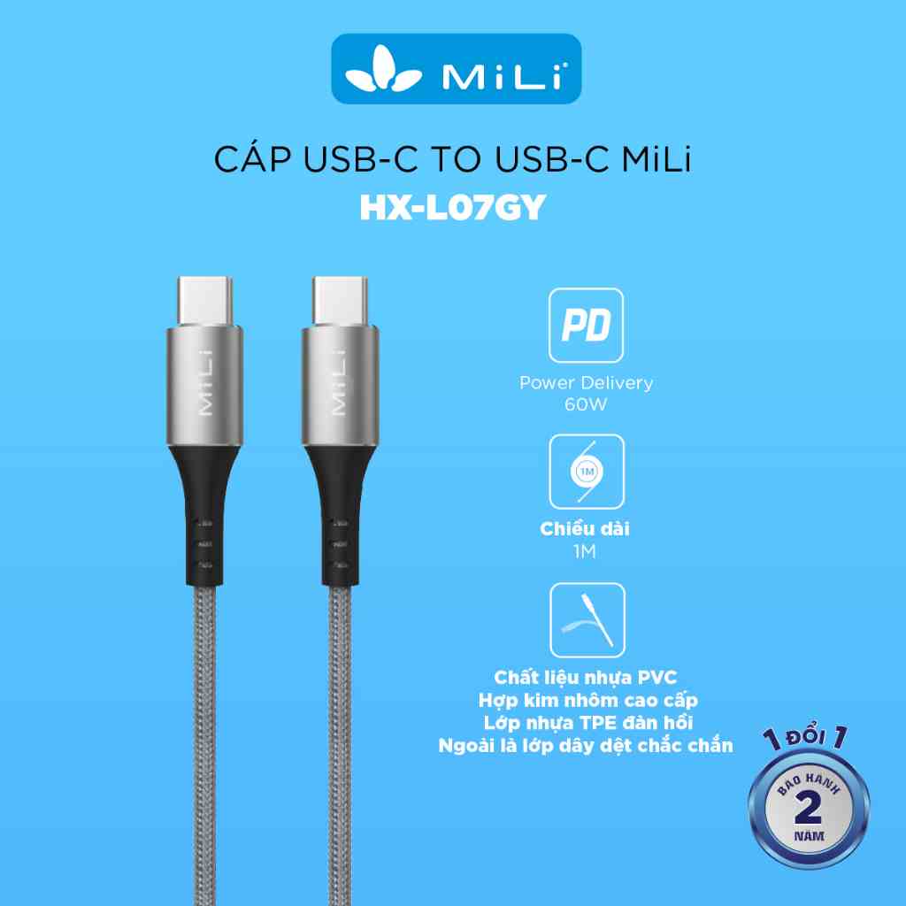 [Mã BMLTA35 giảm đến 35K đơn 99K] Cáp sạc MiLi Braided Type-C to Type-C HX-L07 bện dù chống gãy rối - Bảo hành 2 năm