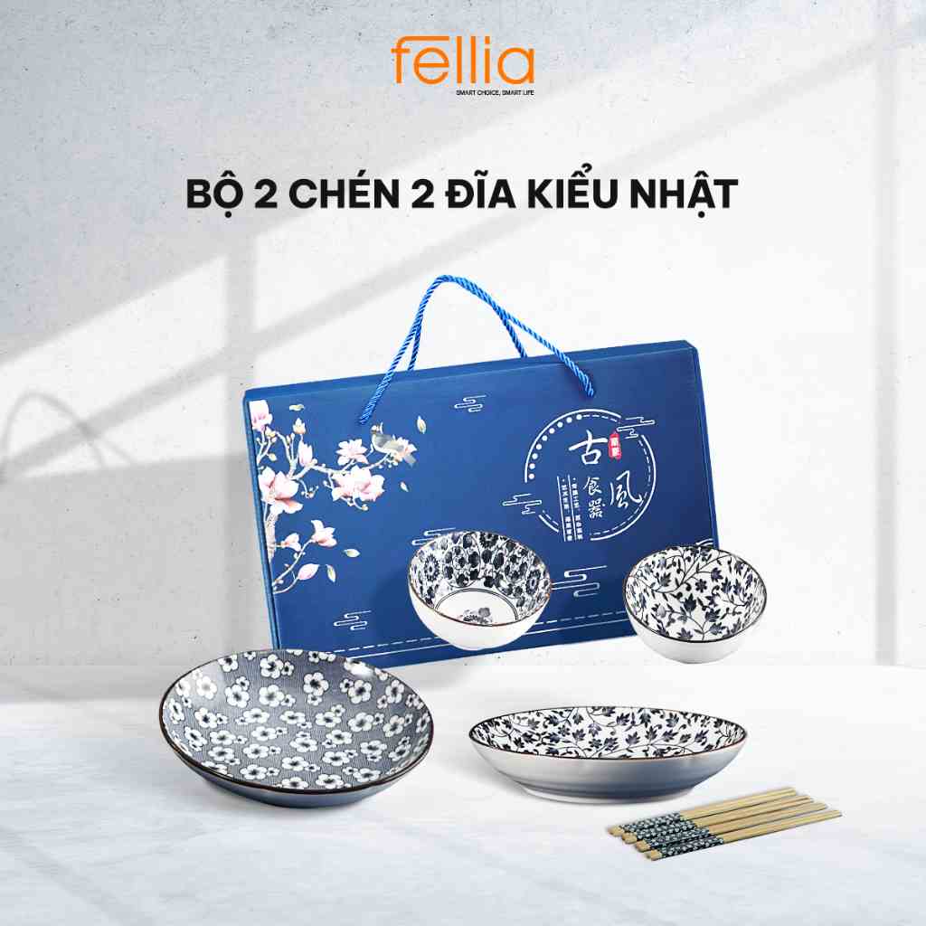 Bộ 2 chén bát 2 đĩa Fellia kiểu Nhật (2 chén, 2 đĩa, 2 đũa) | Sứ cao cấp | Đóng hộp quà tặng