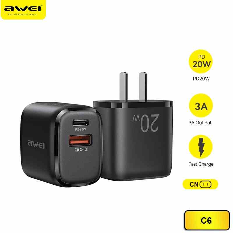 Bộ sạc Awei C6 Quick QC&PD 20W Bộ sạc nhanh USB sang Type-C Bộ sạc nhanh hai cổng