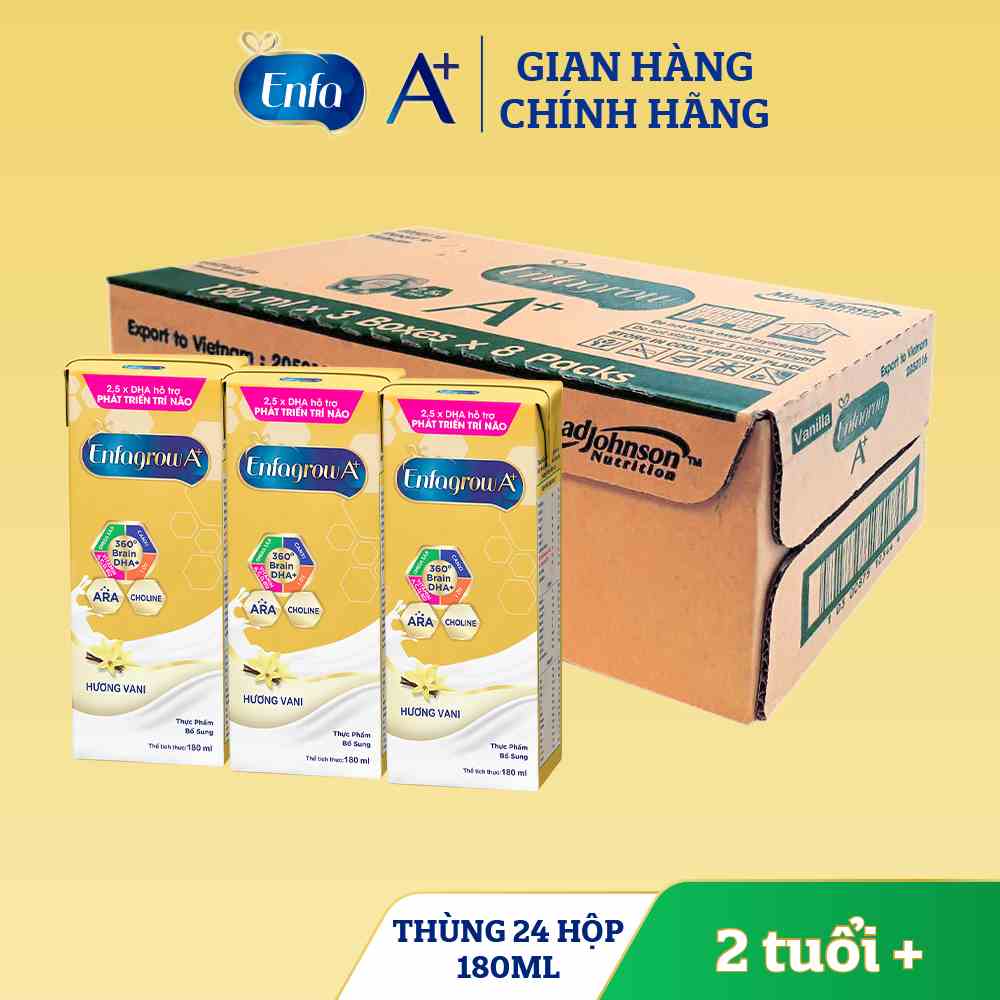 Thùng 24 hộp Sữa bột pha sẵn Enfagrow A+ 360° Brain DHA+ - Hương vị Vanilla -Hộp 180ml