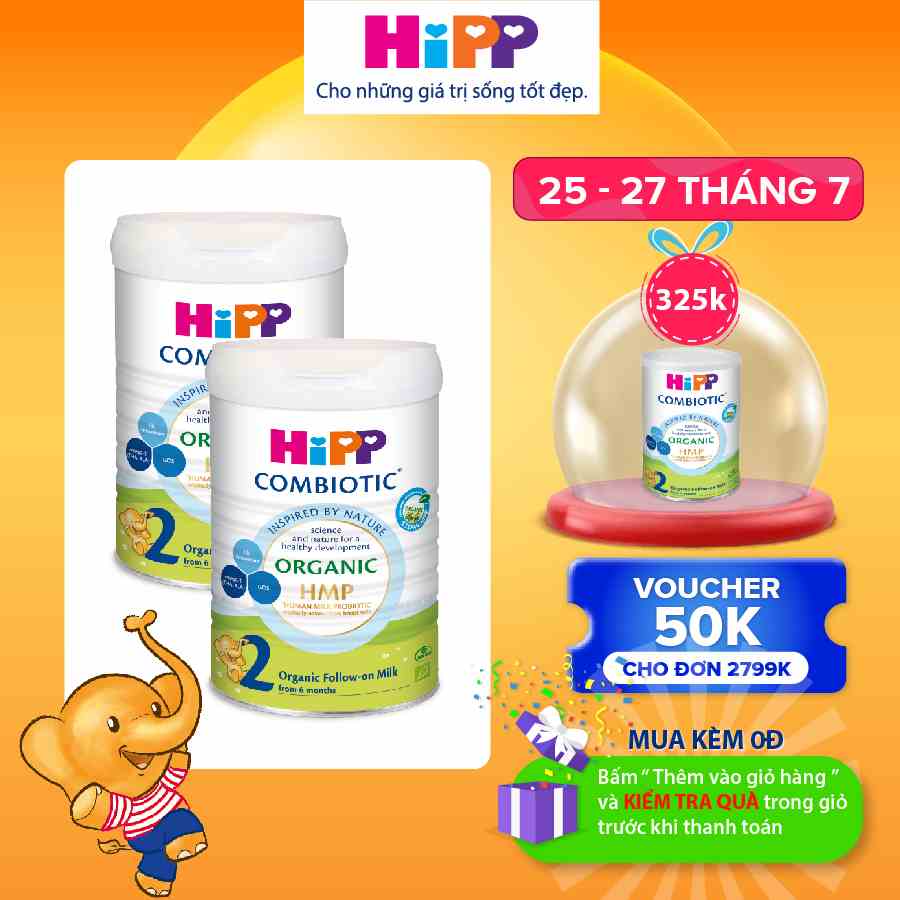 Combo 2 lon Sữa bột công thức HiPP 2 Organic Combiotic 800g bổ sung DHA trực tiếp (2 lon x 800g) - Nhập khẩu Đức