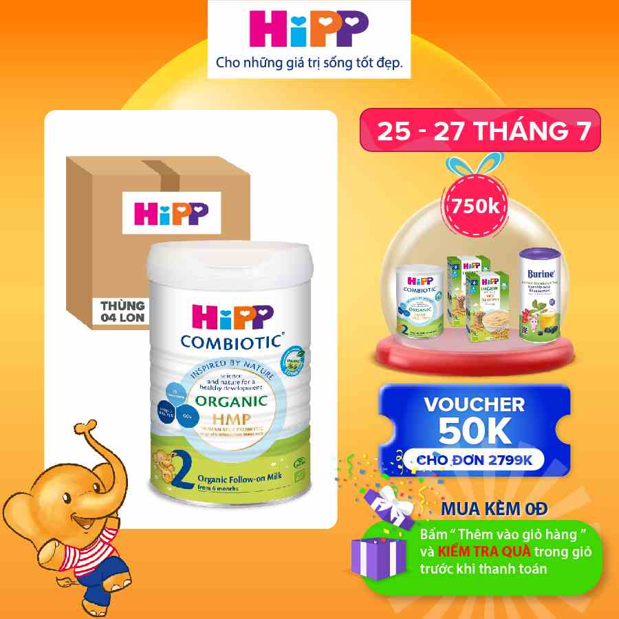 Thùng 4 lon Sữa bột công thức HiPP 2 Organic Combiotic 800g bổ sung DHA trực tiếp (4 lon x 800g)