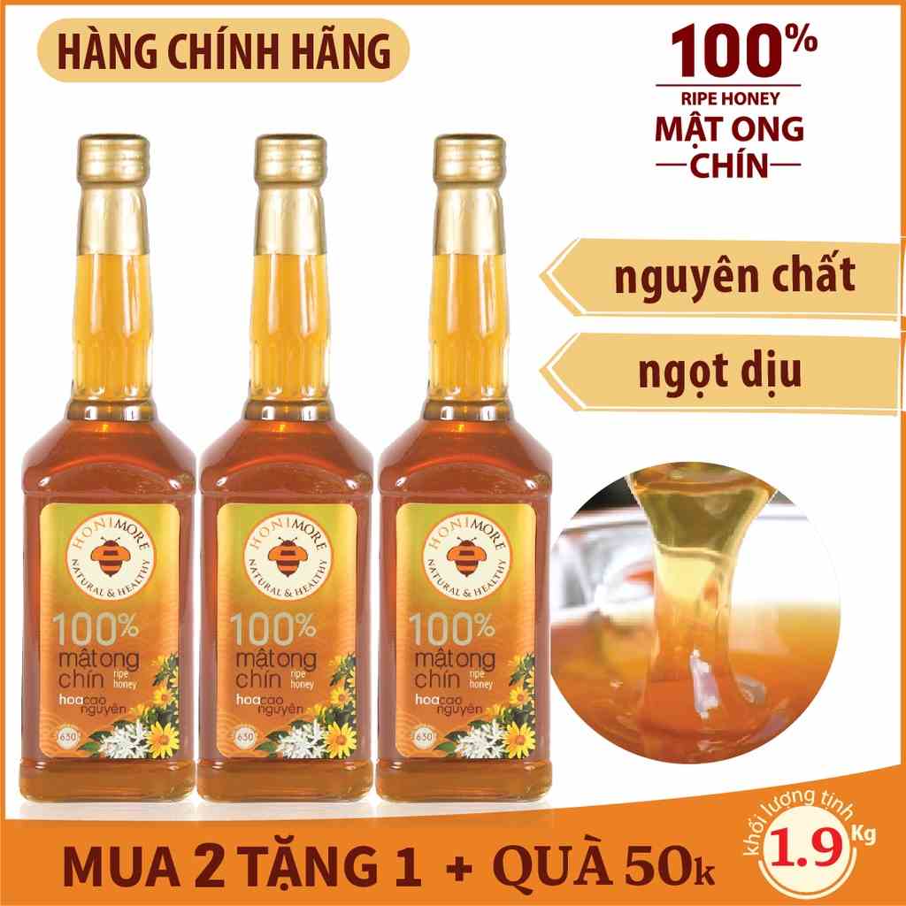 Set 2 chai + tặng 1 chai cùng loại: Mật ong nguyên chất Hoa Cao Nguyên Honimore 630g - 100% mật ong rừng