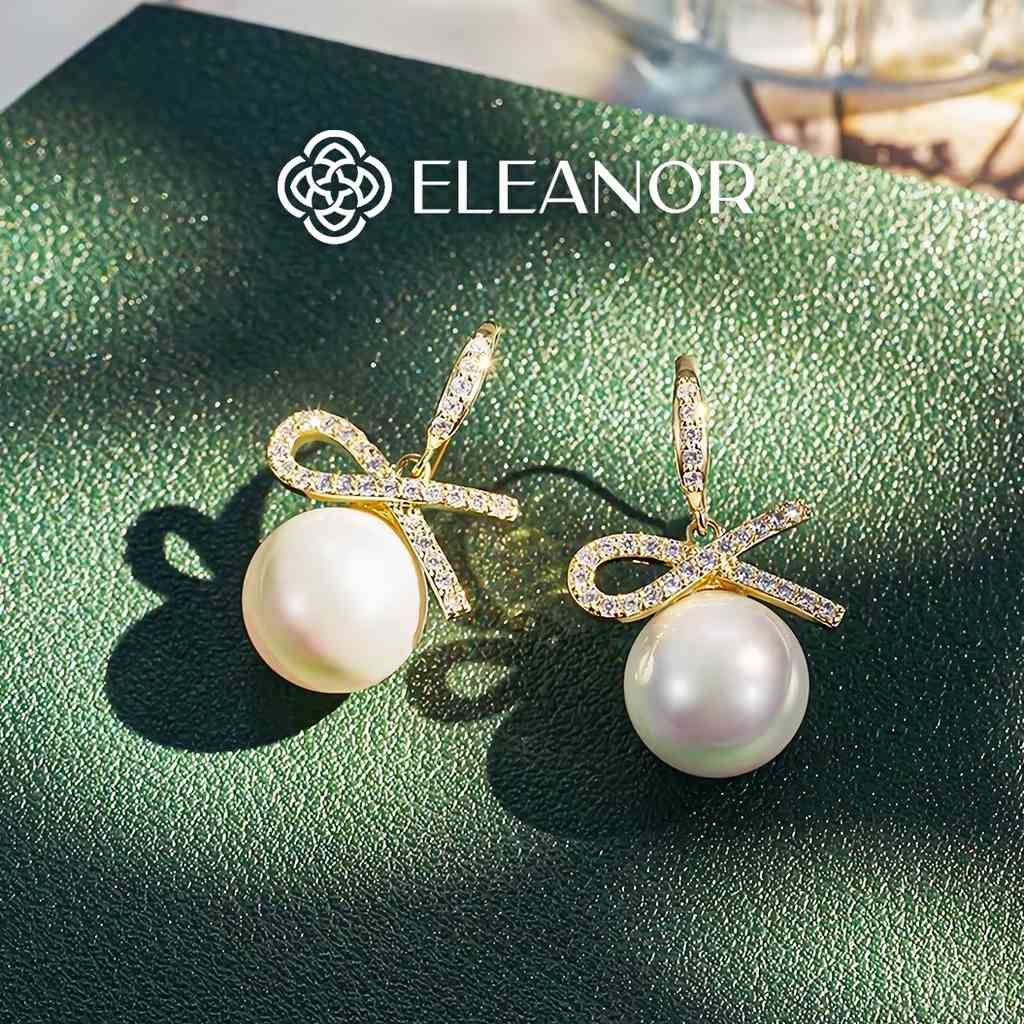 Bông tai nữ đính đá hình nơ Eleanor Accessories ngọc trai nhân tạo lớn nữ tính phụ kiện trang sức 3299