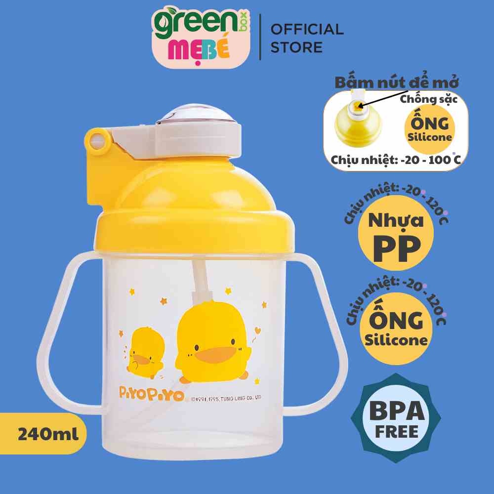 Bình tập uống 240ml Piyo Piyo nắp bật, ống hút ngăn tràn, hai tay cầm, cho bé 8 tháng tuổi trở lên